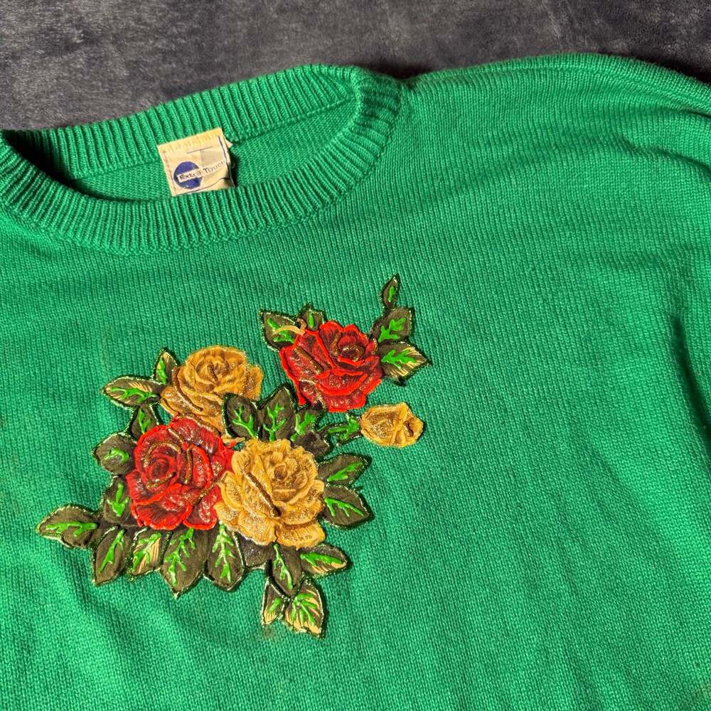 Extra Touch Green Floral Embroidered Acrylic Sweater